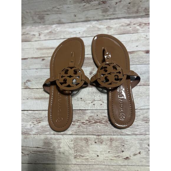 Tory Burch Miller Sandals Tan Patent Leather Women's Size 9.5 M Flats Neutral - Picture 3 of 8